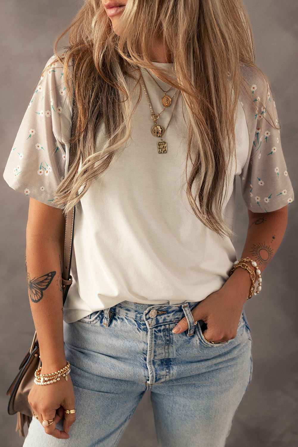Beige Floral Print Color Block Raglan Sleeve Top