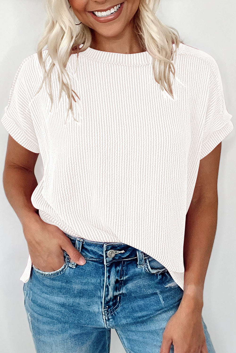 White Textured Knit Exposed Stitching Top