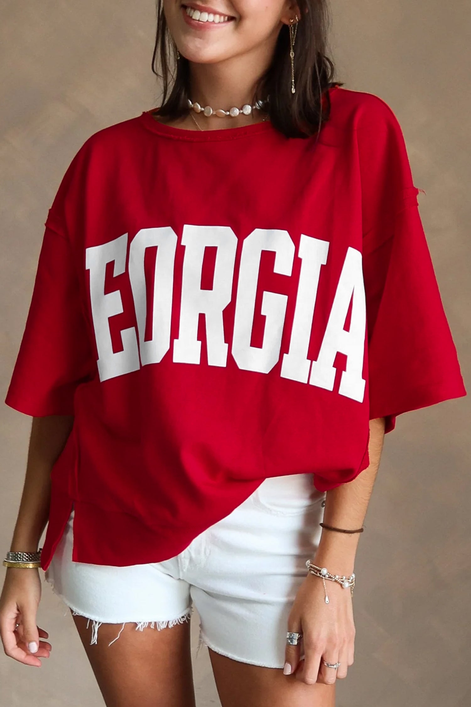 Racing Red Georgia letter printed raw seam drop shoulder loose blouse by Lavender Lane Clothing, casual and stylish.