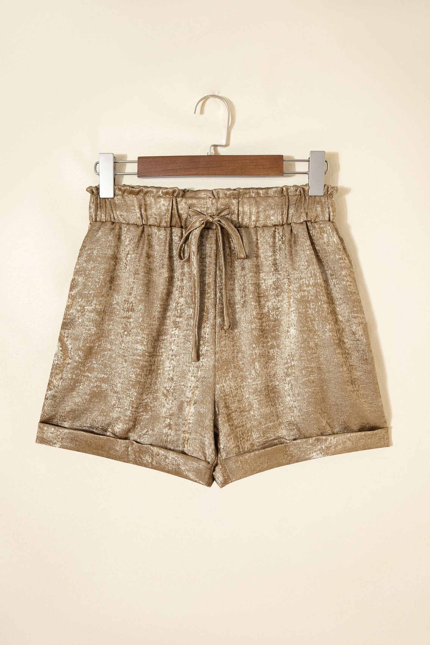Gold metallic luster tie-dye casual shorts with elastic waist and cuffed hem from Lavender Lane Clothing.