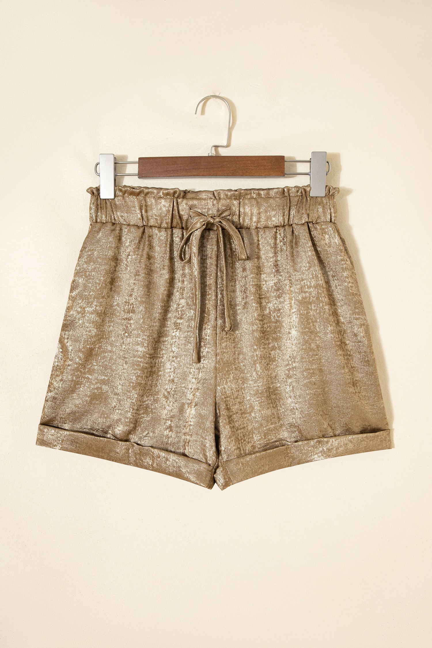 Gold metallic luster tie-dye casual shorts with elastic waist and cuffed hem from Lavender Lane Clothing.