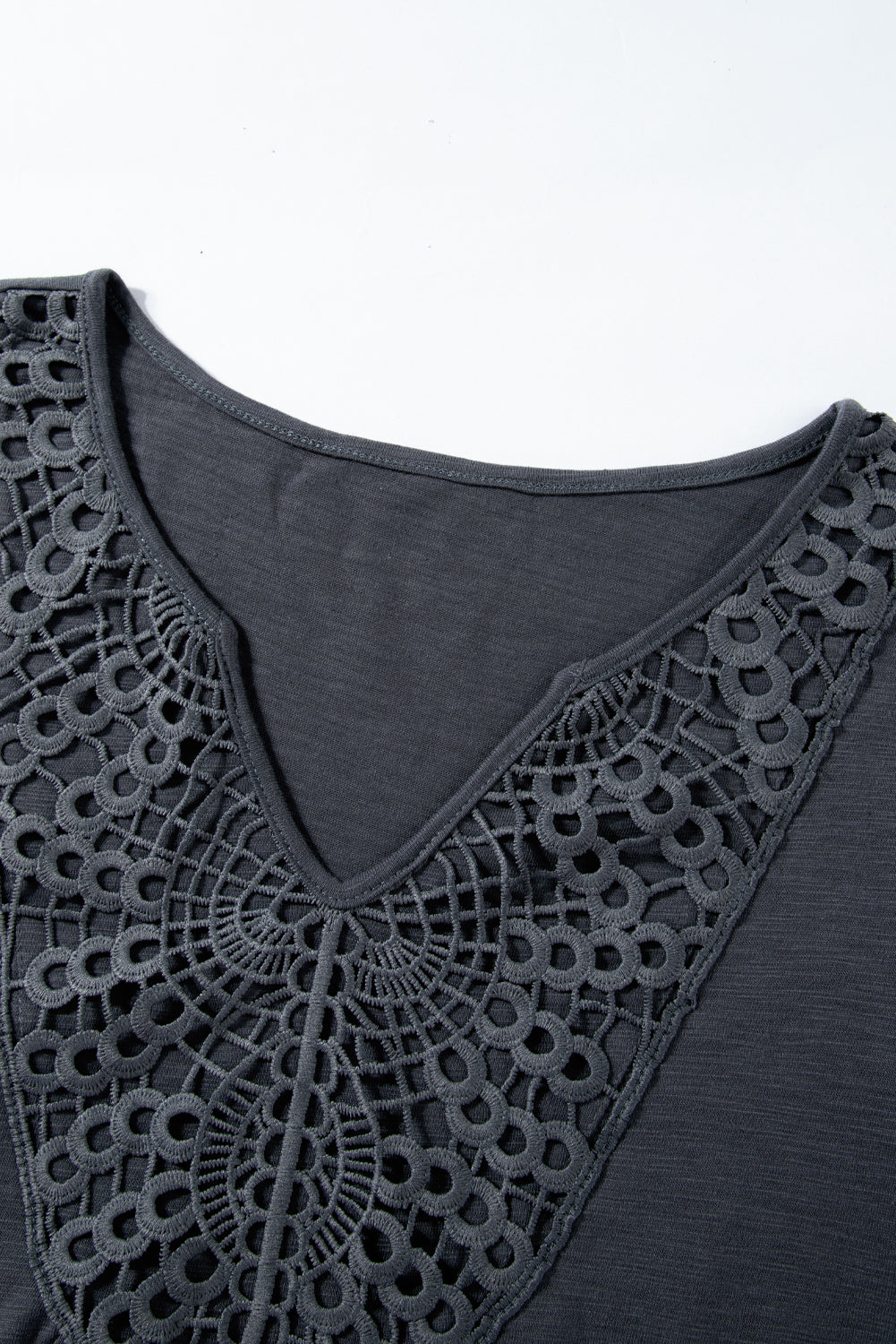 Gray Lace Crochet Patchwork V Neck T Shirt