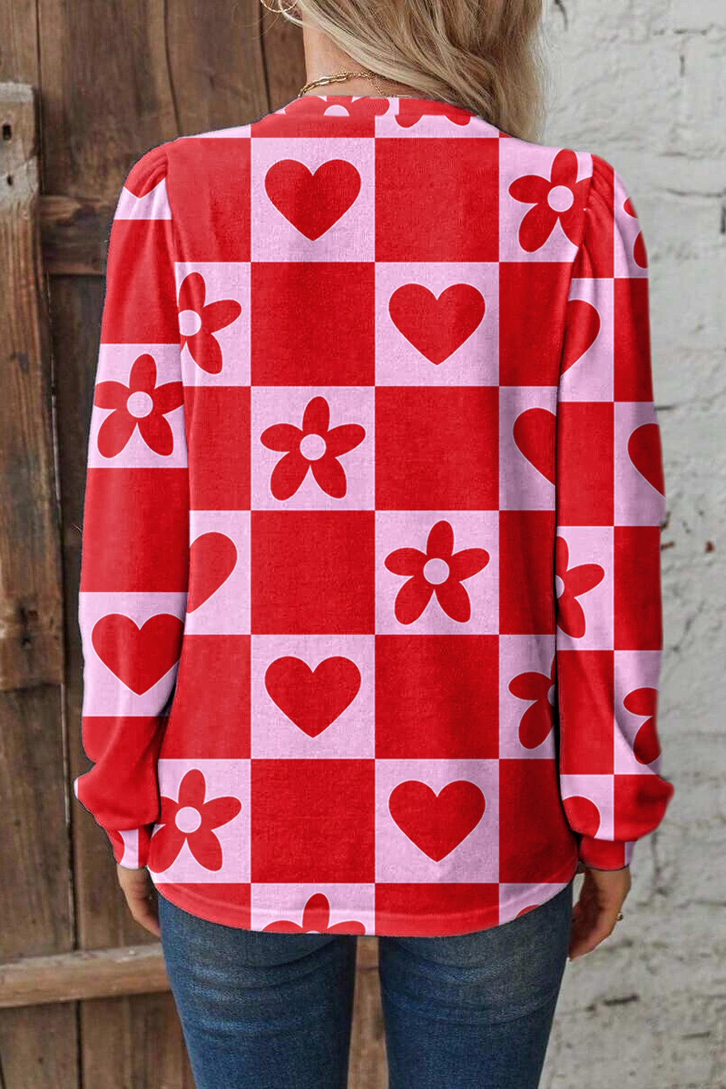 Red dotted heart Valentine's blouse by Lavendar Lane Clothing, stylish top with festive heart pattern, perfect for romantic occasions.