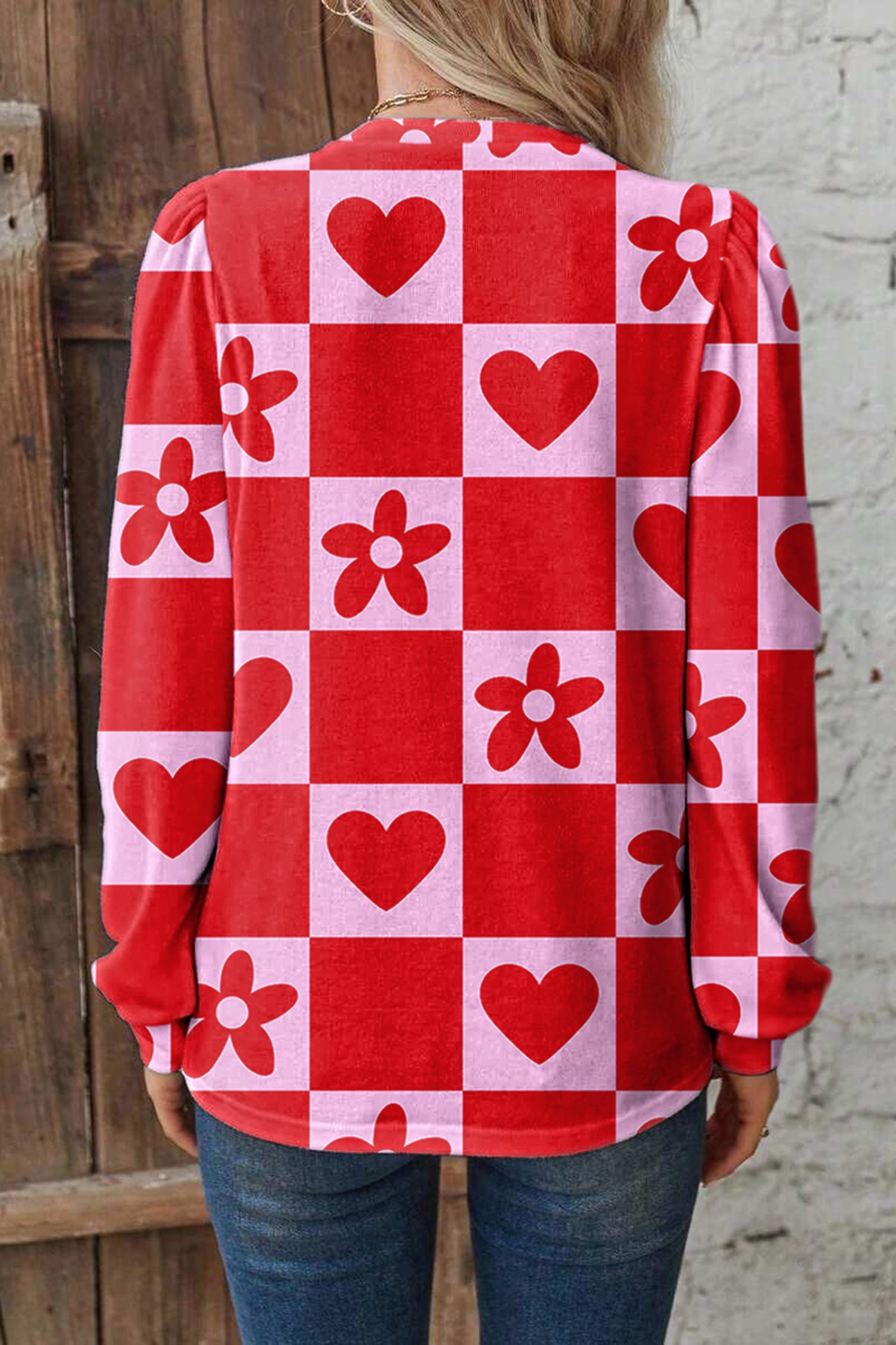 Red dotted heart Valentine's blouse by Lavendar Lane Clothing, stylish top with festive heart pattern, perfect for romantic occasions.