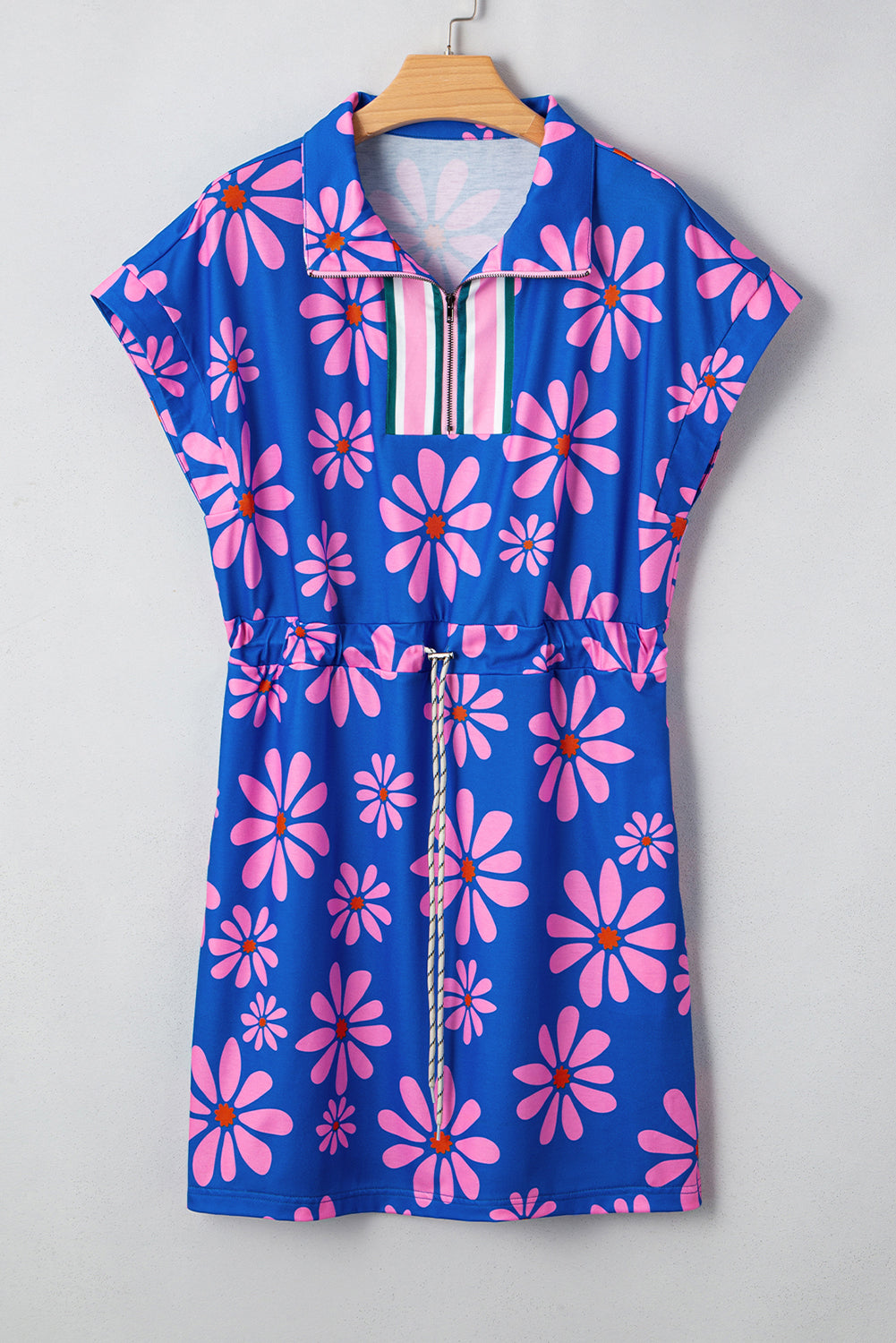 Purple Floral Striped Quarter Zip Cap Sleeve Drawstring Waist Dress
