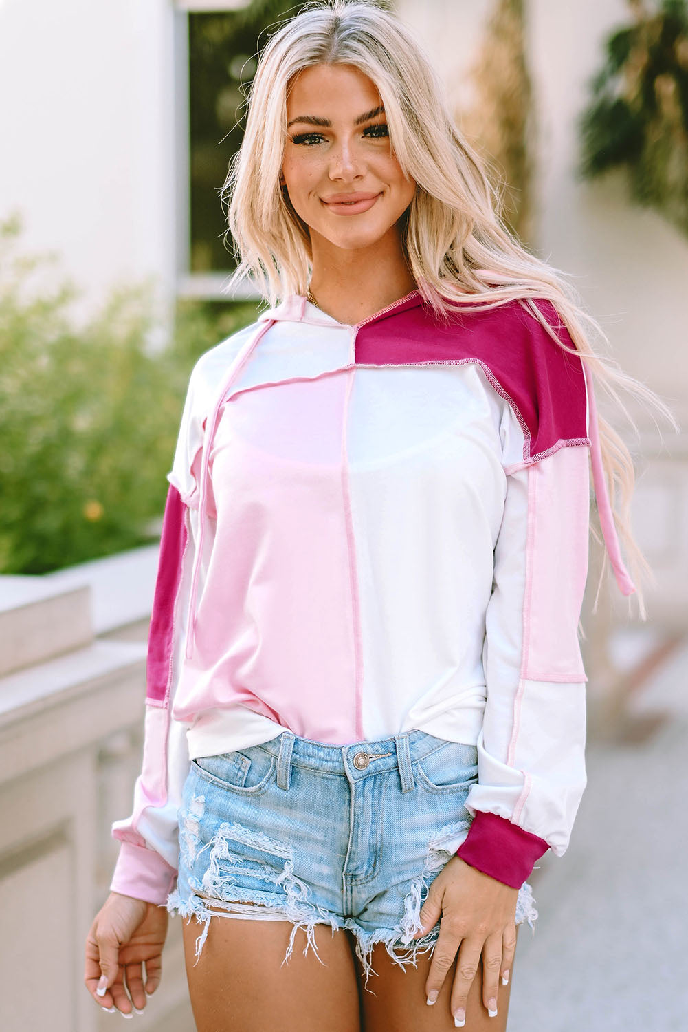 Pink Colorblock Exposed Seam Loose Sleeve Hoodie