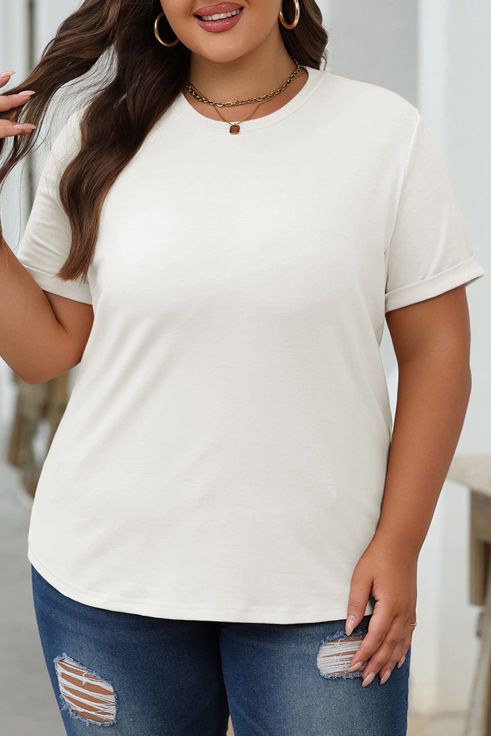 White Casual Plain Crew Neck Top