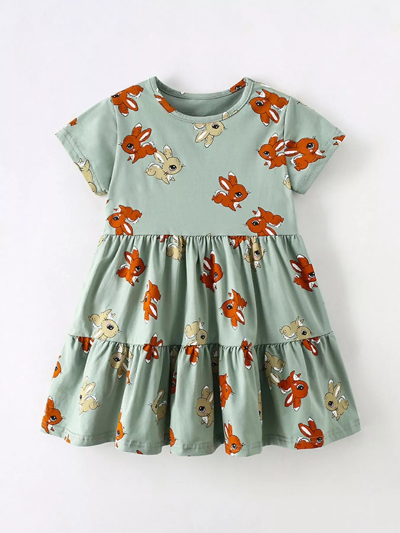 Children's lavender lane clothing tiered dress with cute cartoon print, featuring colorful layers and playful design for kids.