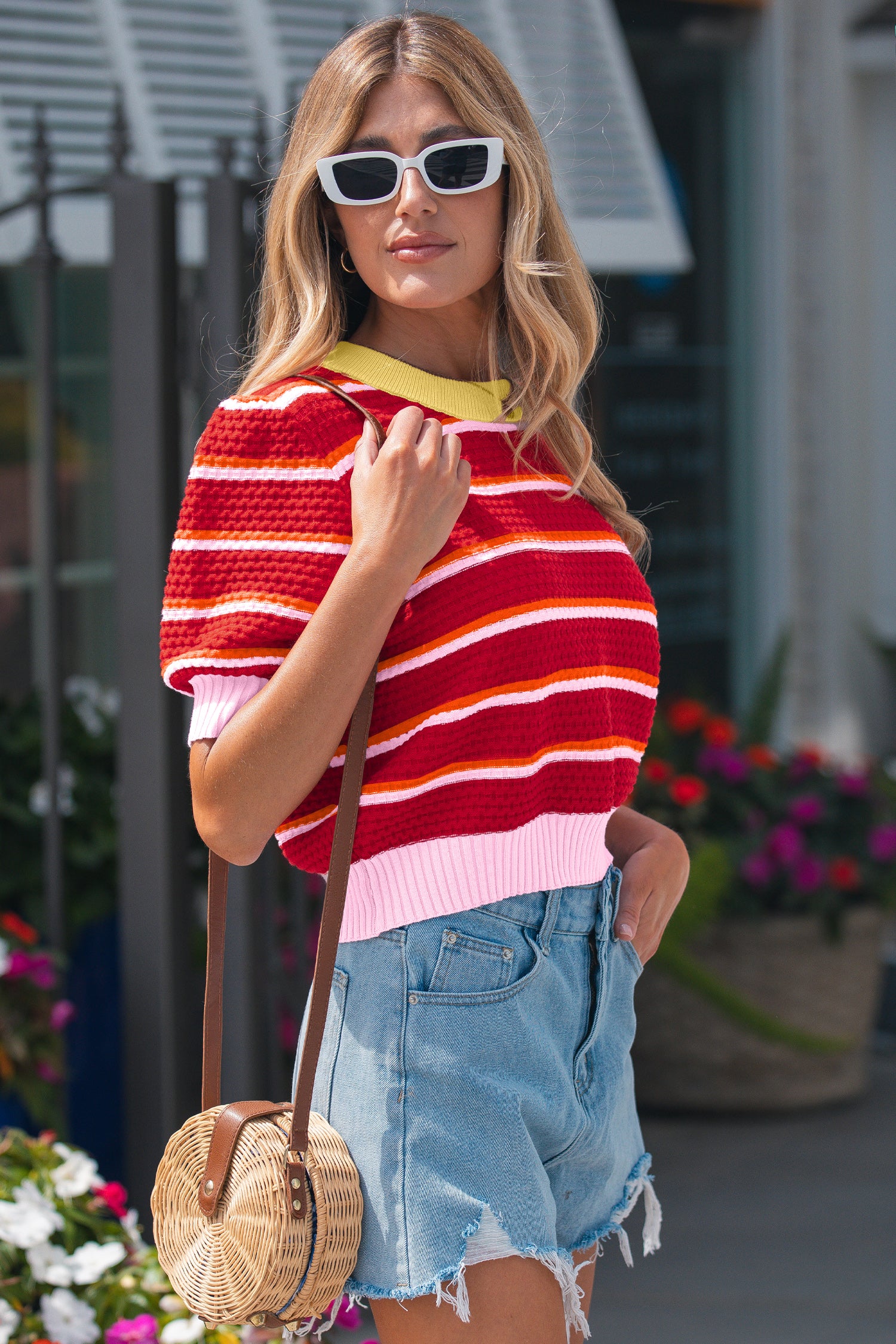 Lavendar Lane Clothing red stripe colorblock trim half sleeve sweater top, short sleeve design with stylish color accents.