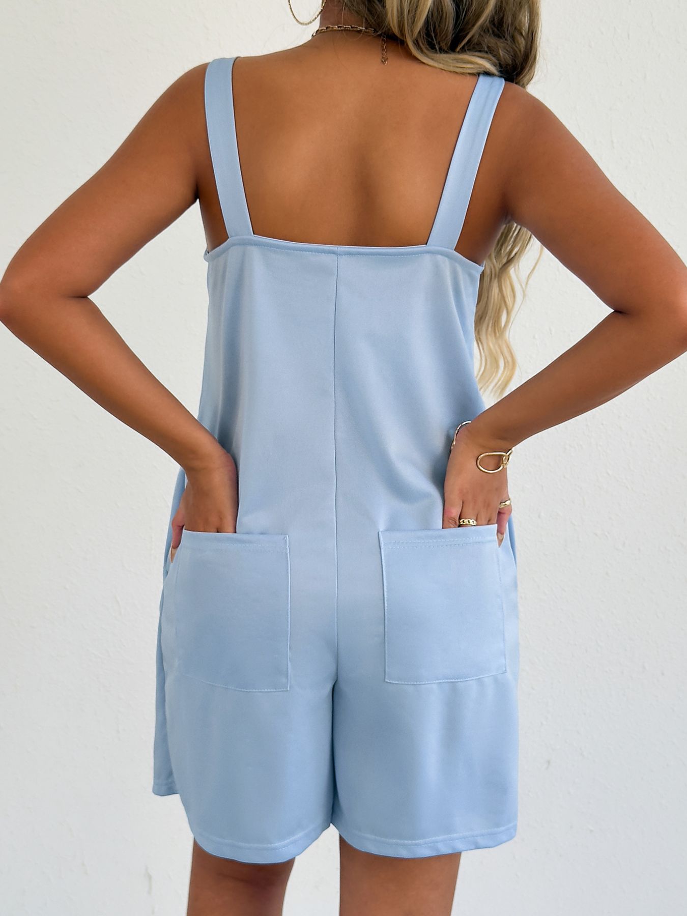 Lavendar Lane Clothing sleeveless casual romper with side pockets, lightweight and comfortable for warm weather.