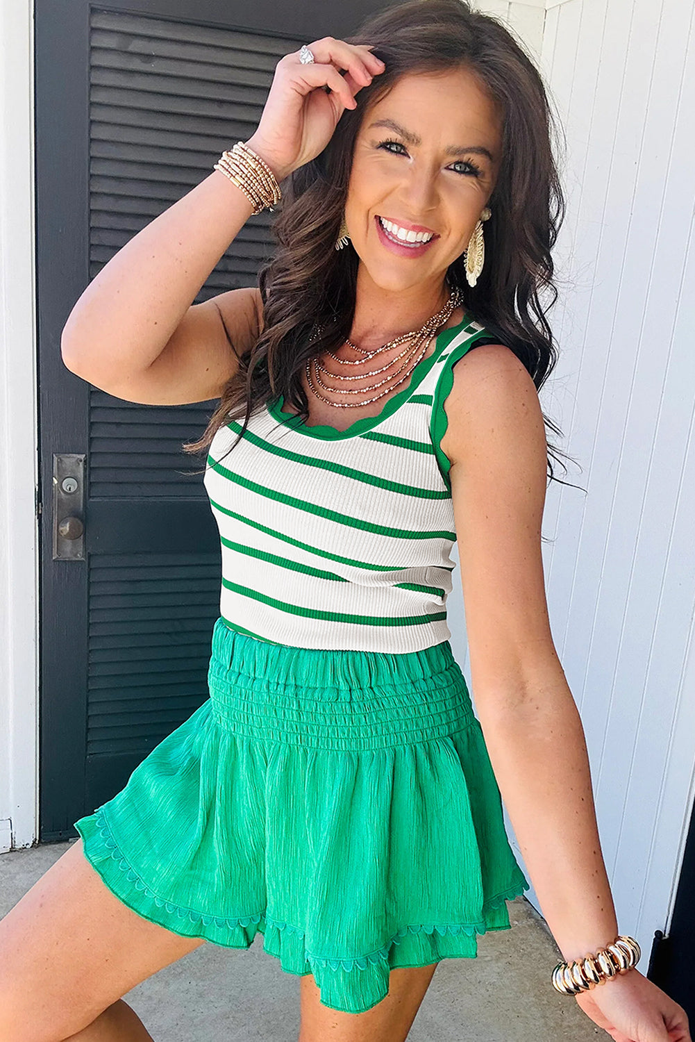Bright Green Striped Scalloped Edge U Neck Sleeveless Sweater Tank