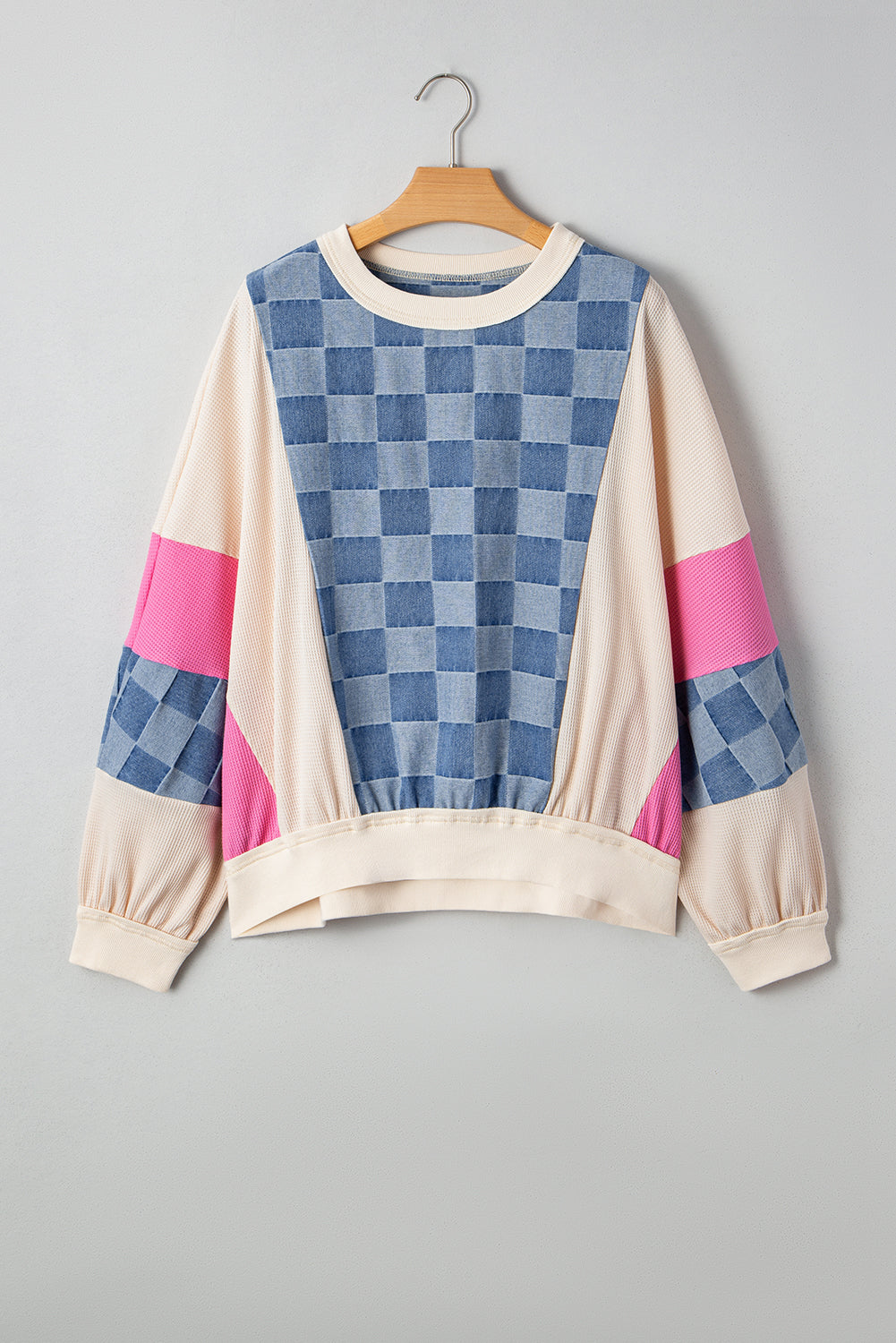 Sky Blue Oversized Checkered Denim Exposed Seam Patchwork Casual Top