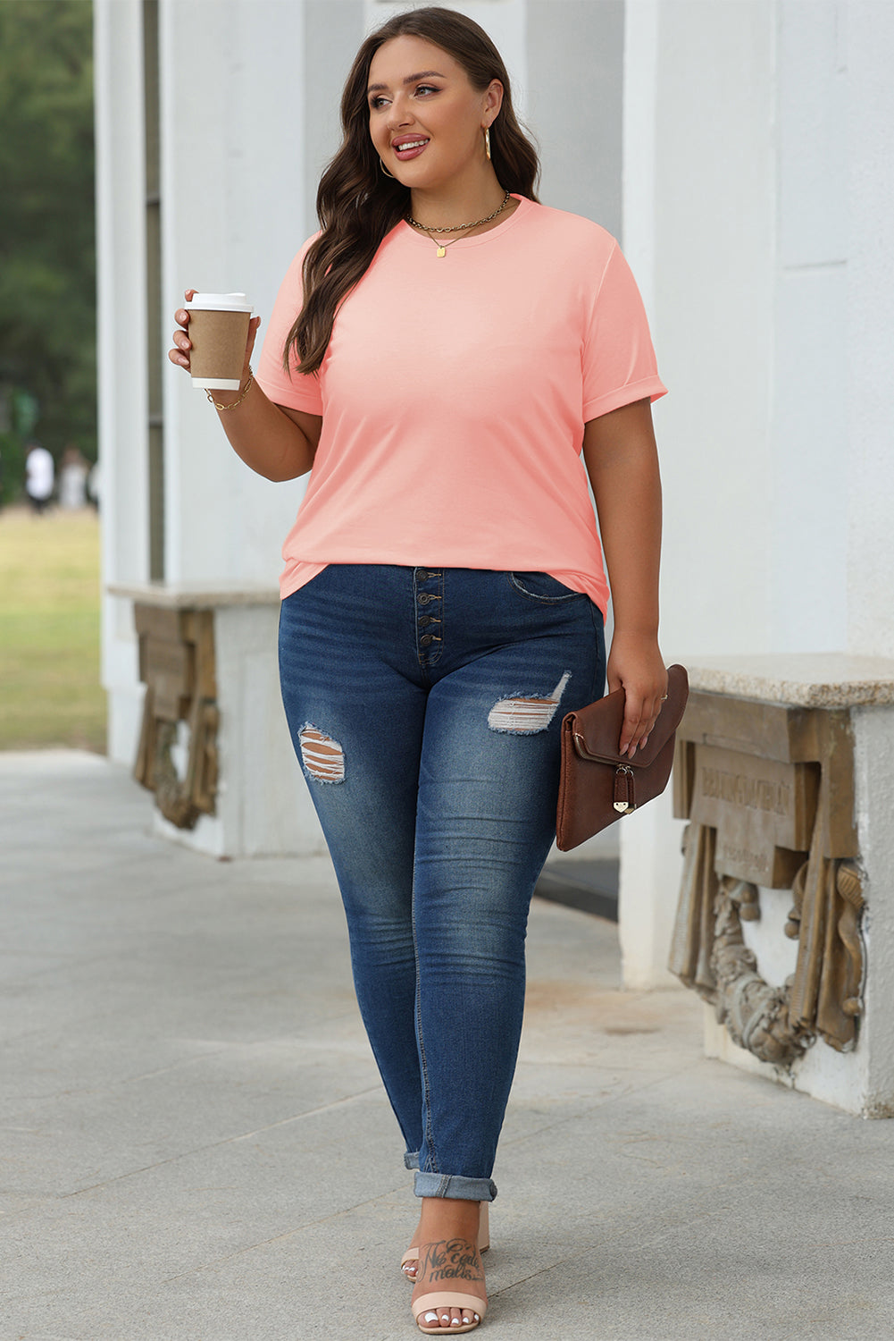 Pink Casual Plain Crew Neck Top