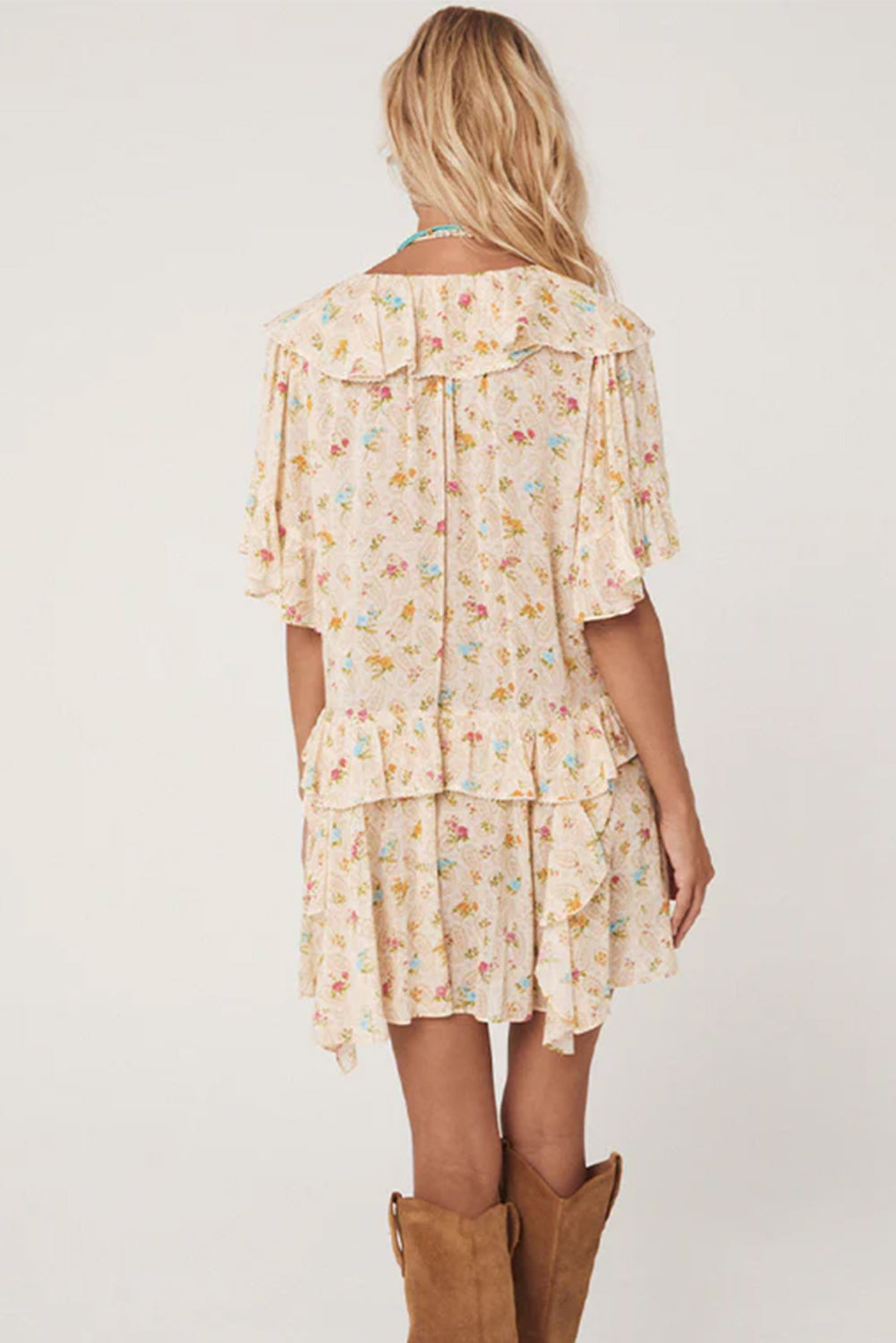 Apricot Boho Floral Tassel Tie V Neck Ruffle Wide Sleeve Mini Dress