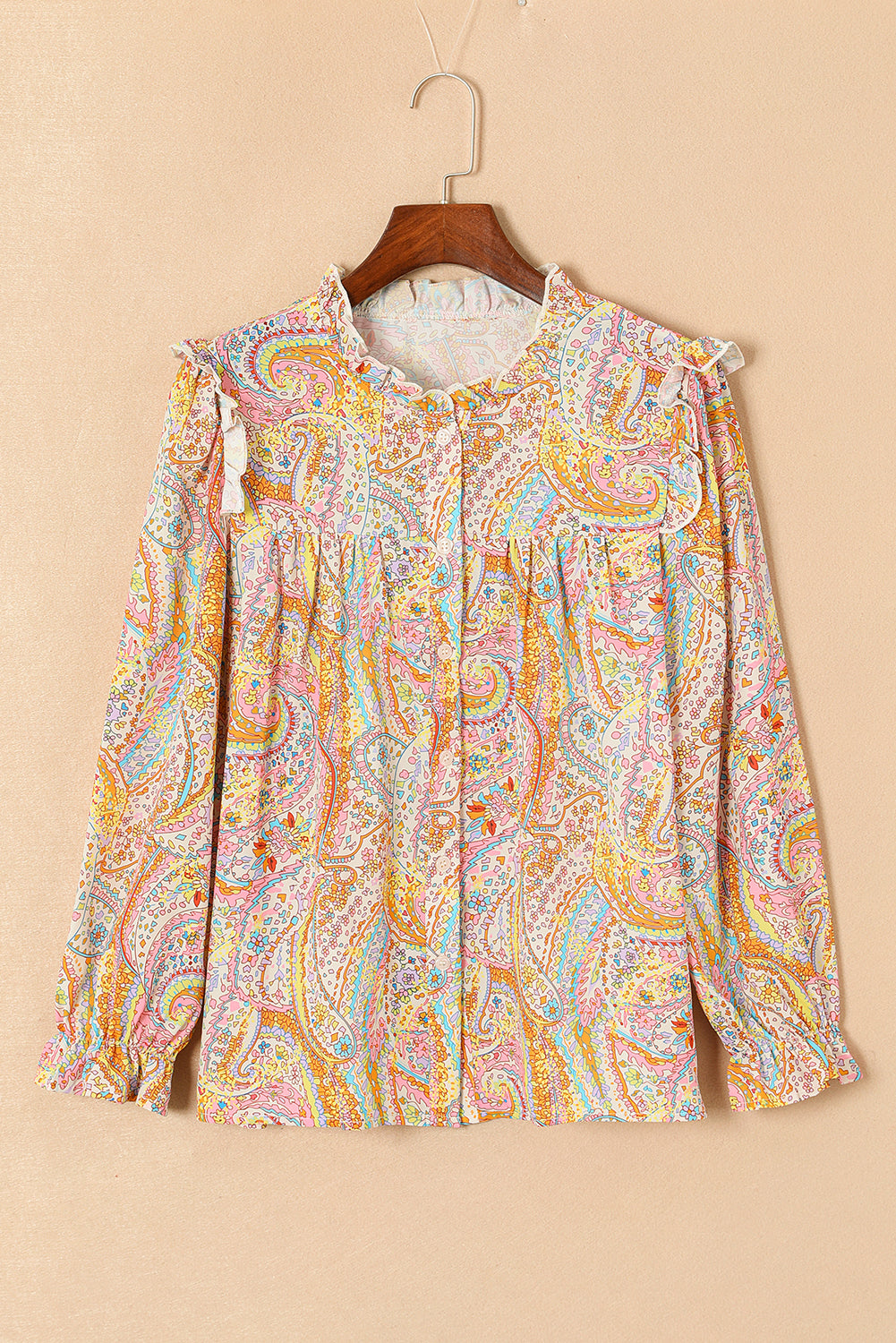 Yellow Paisley Print Ruffled Trim Boho Shirt