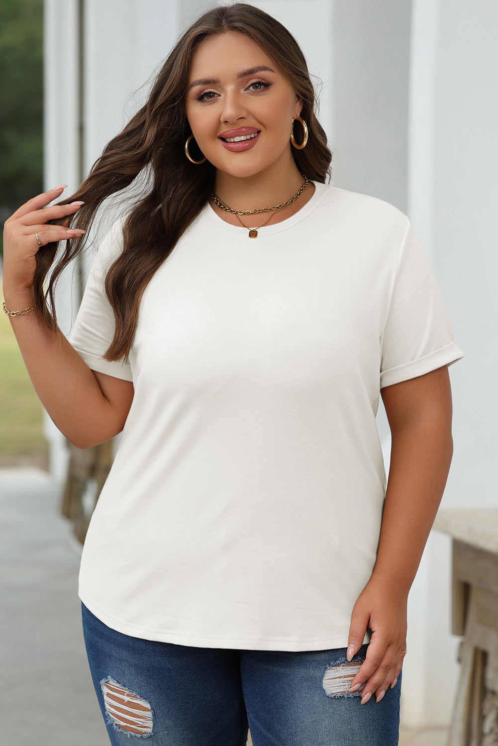 White Casual Plain Crew Neck Top