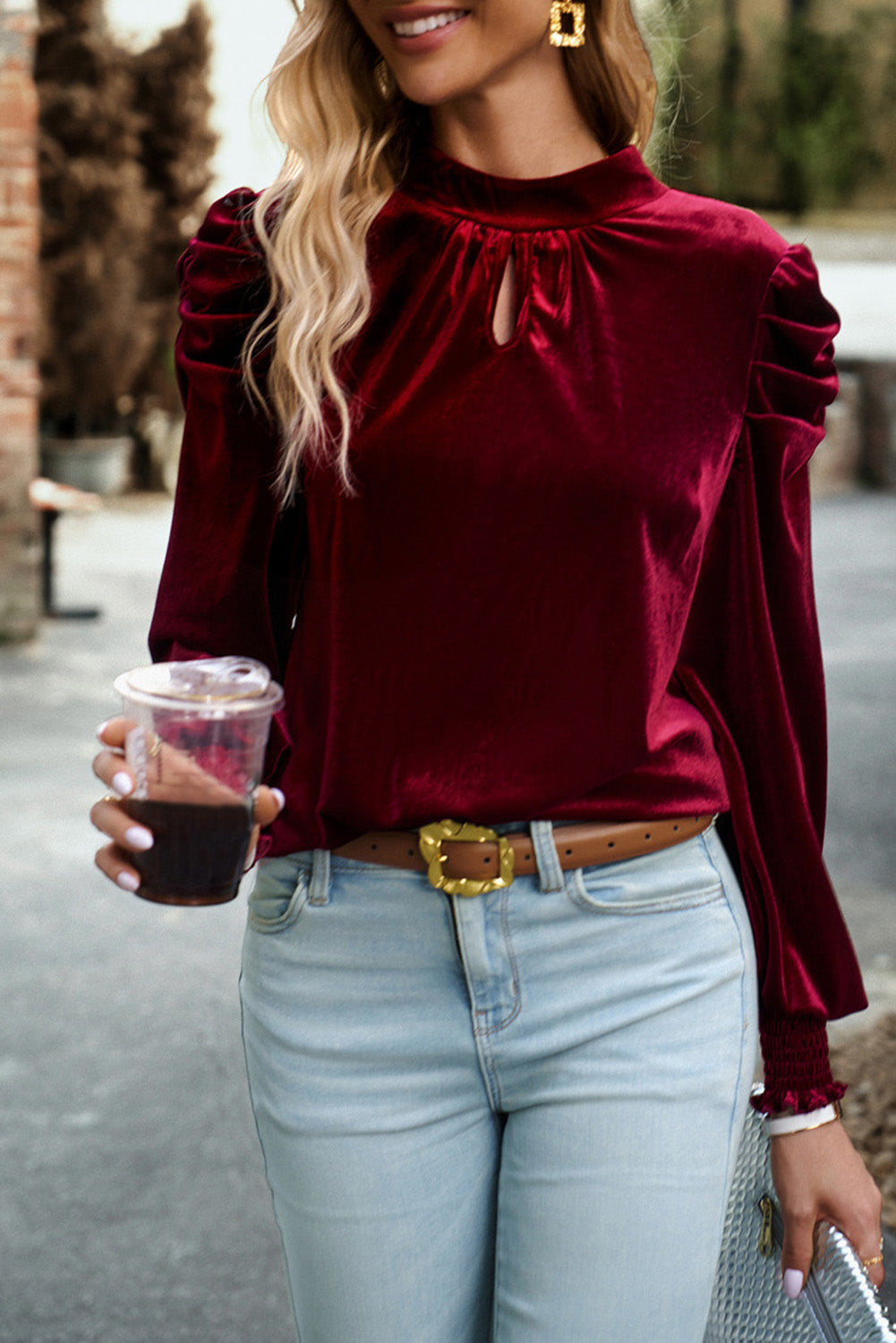 Fiery Red Mock Neck Puff Sleeve Velvet Blouse