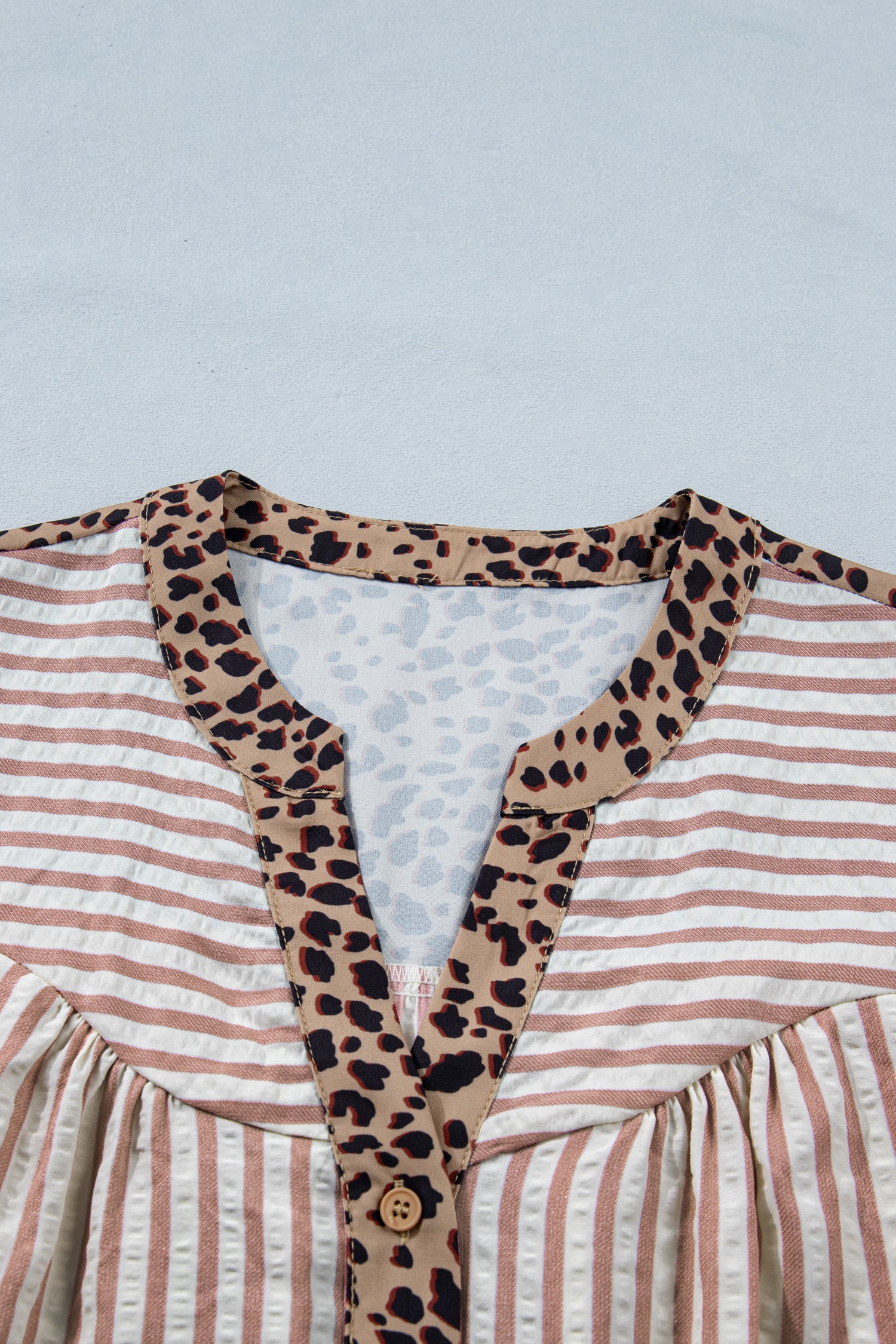 Lavendar Lane pink stripe leopard trim V-neck button-down blouse with half sleeves, stylish and lightweight top.