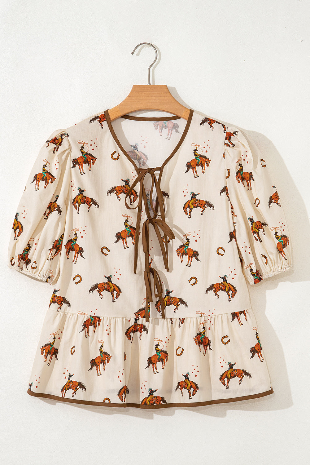 Apricot Cowboy Print Puff Sleeve Bowknot Peplum Blouse