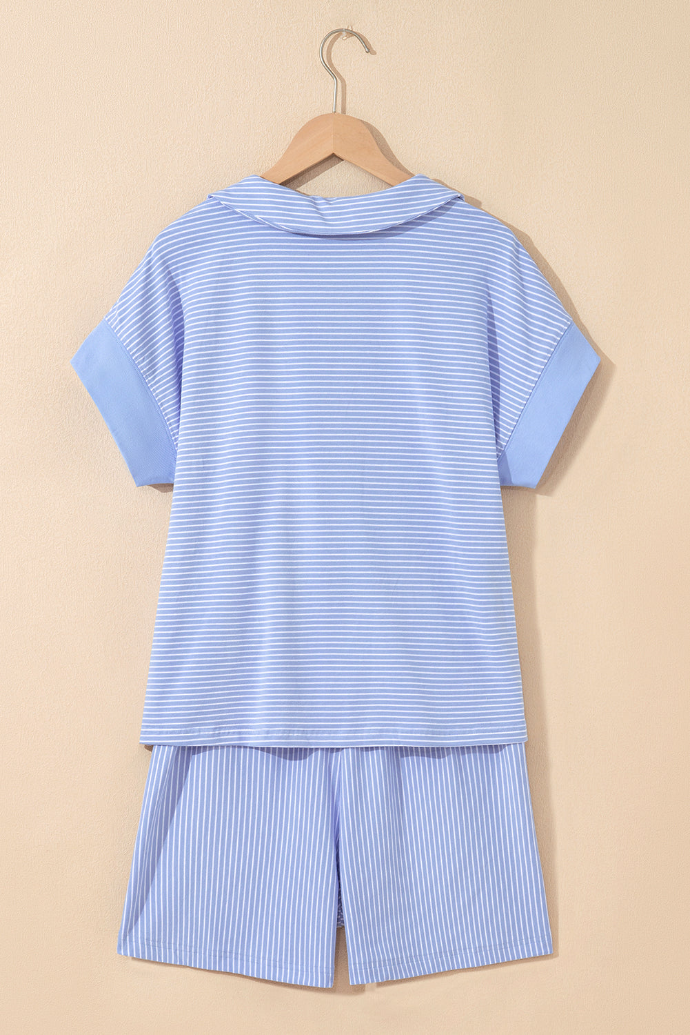 Sky blue stripe dolman sleeve polo shirt and drawstring shorts set by Lavender Lane Clothing, casual two-piece summer outfit.