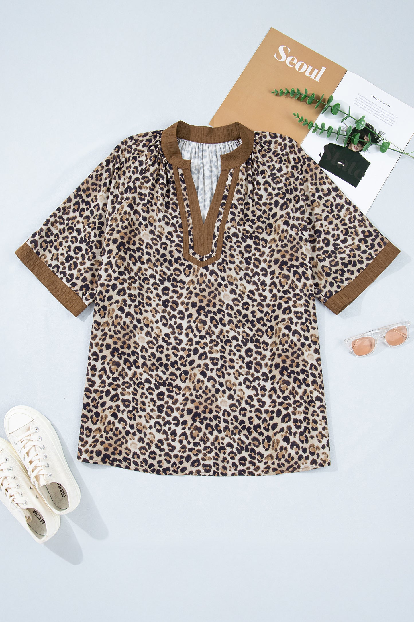 Plus size brown leopard print crinkled colorblock V-neck blouse by Lavendar Lane Clothing, stylish patchwork design.