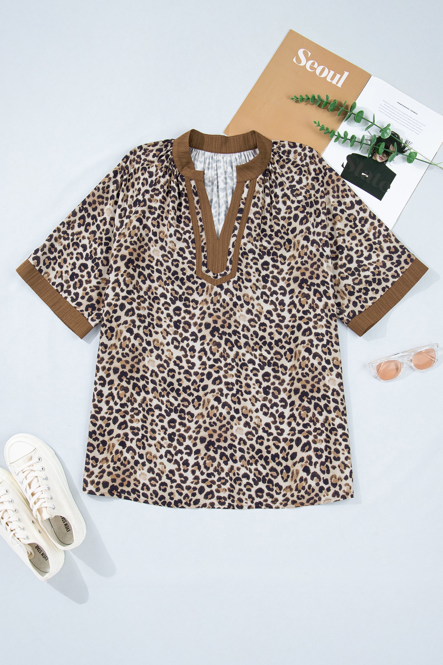 Plus size brown leopard print crinkled colorblock V-neck blouse by Lavendar Lane Clothing, stylish patchwork design.