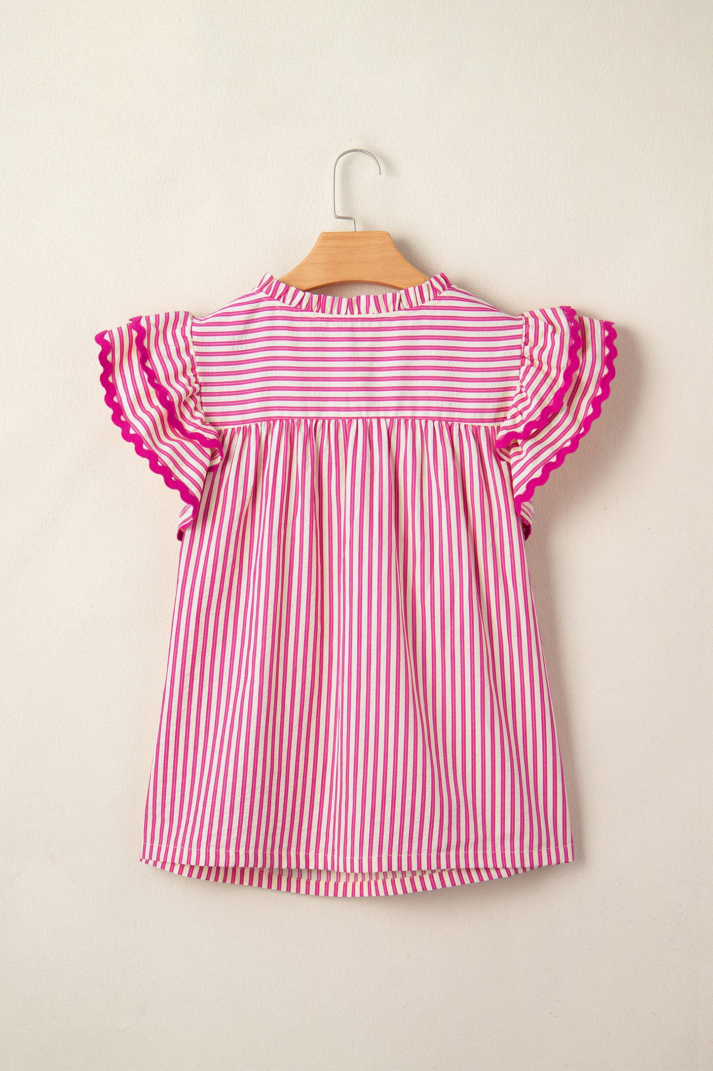 Lavendar Lane Clothing women's blouse with rose stripe pattern, shirred yoke, ruffled short sleeves, lightweight and stylish.