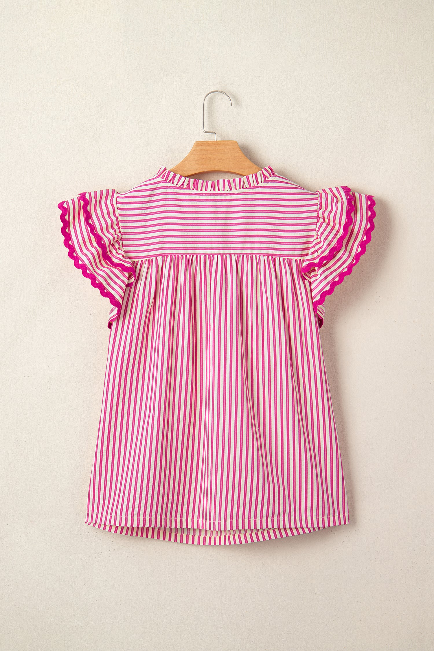 Lavendar Lane Clothing women's blouse with rose stripe pattern, shirred yoke, ruffled short sleeves, lightweight and stylish.