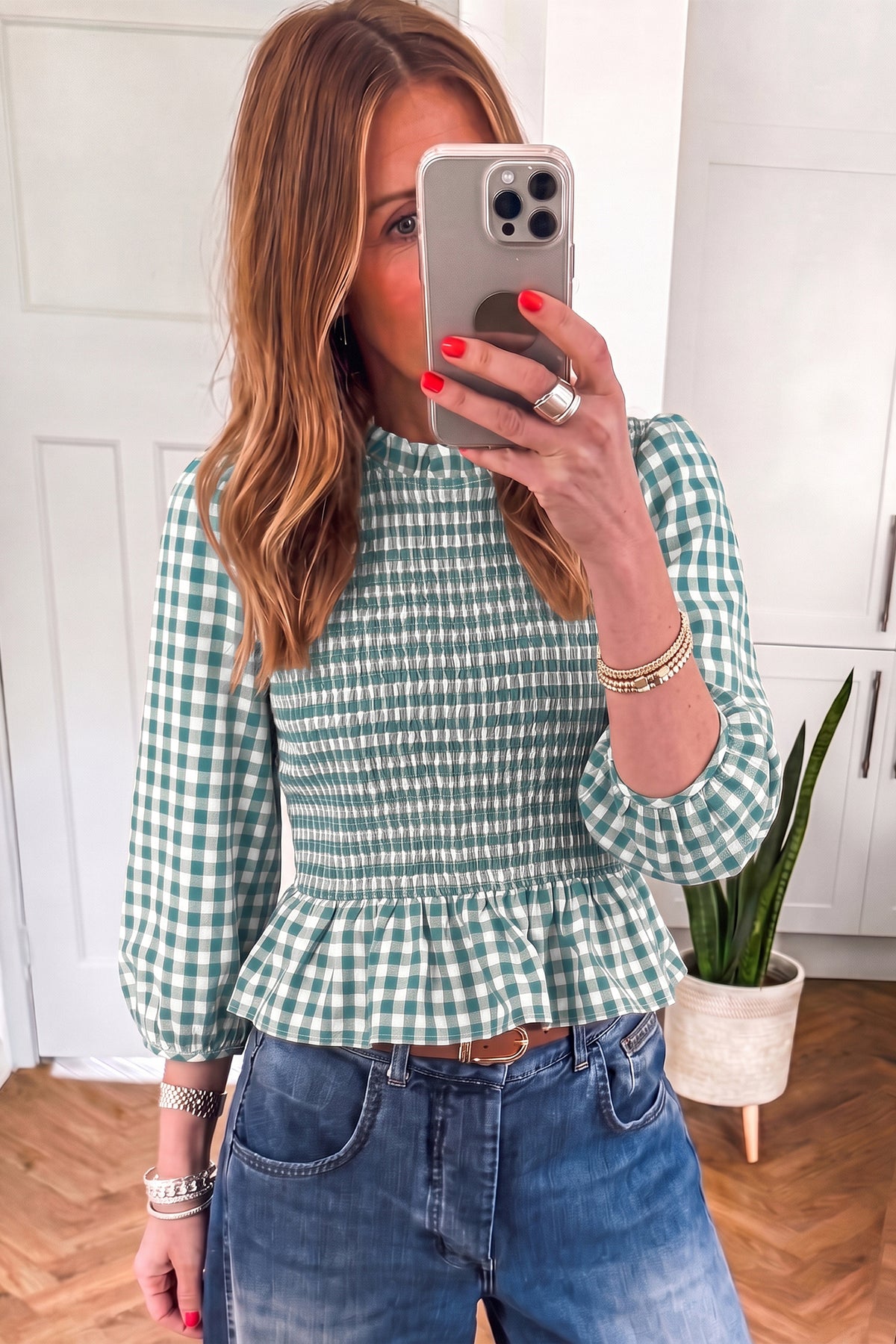 Red 3/4 Sleeve Shirred Plaid Peplum Top