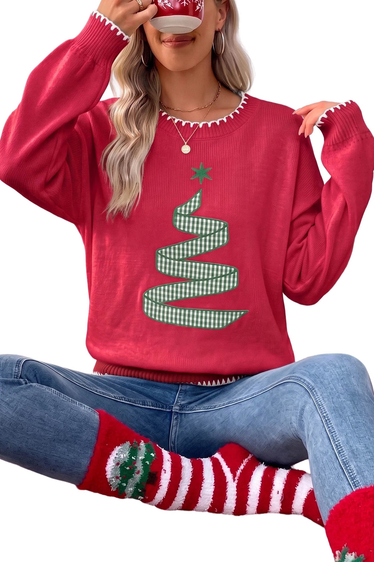 Racing Red Stitched Detail Christmas Tree Holiday Casual Sweater