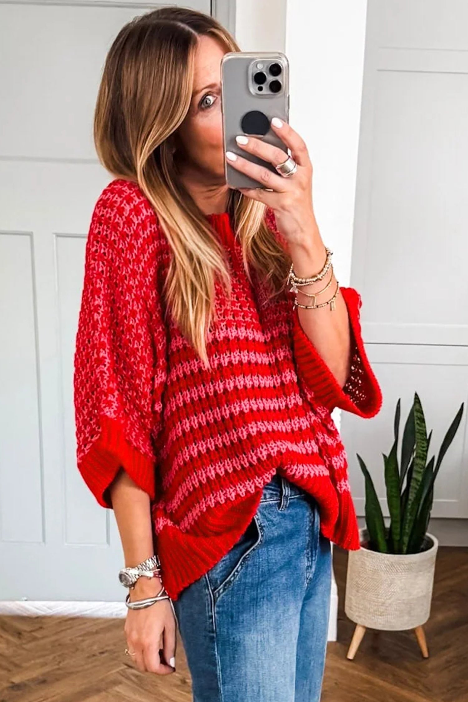 Lavendar Lane Clothing red stripe 3/4 draped sleeve slouchy sweater, casual knit with relaxed fit and stylish design.