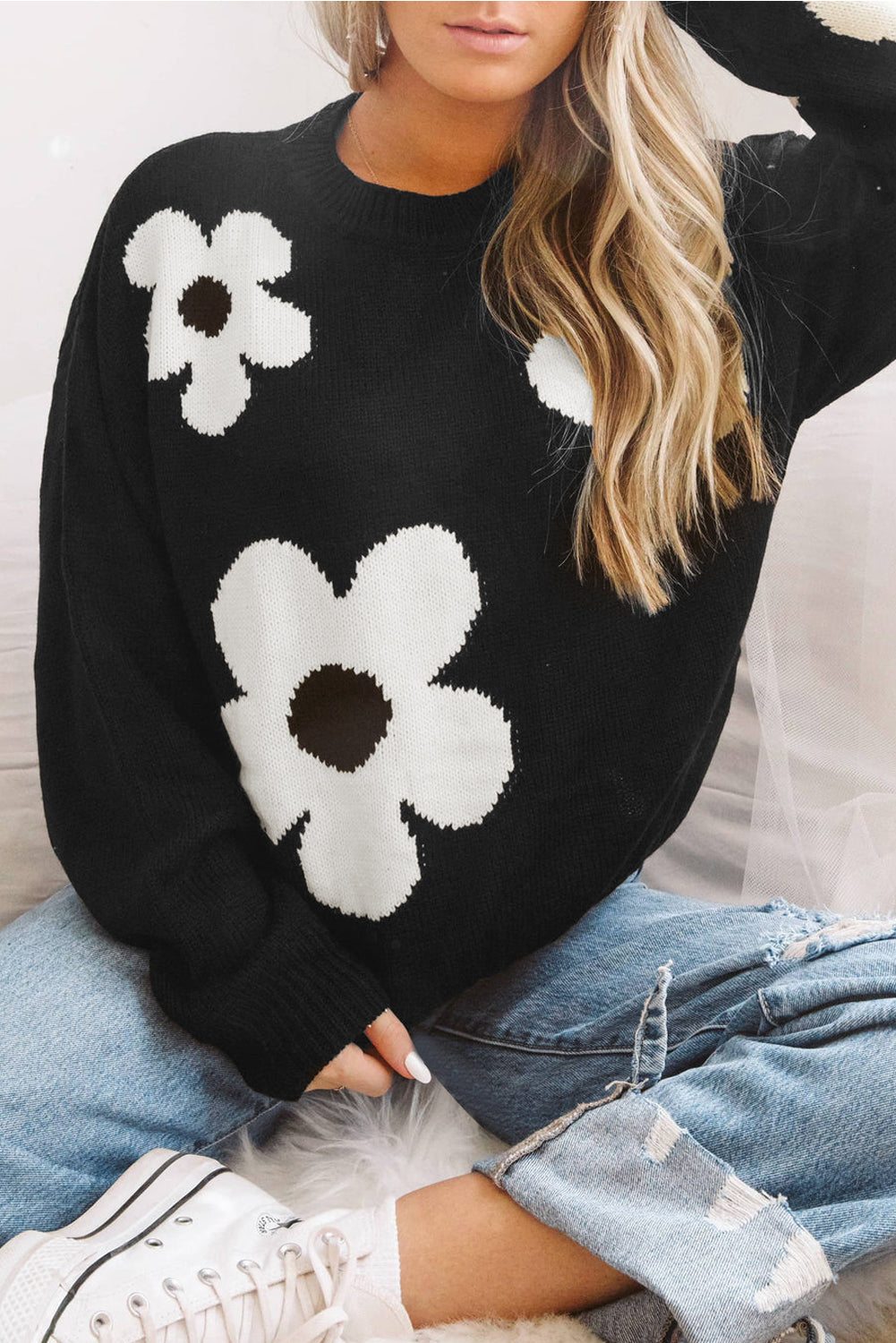 Black Big Flower Pattern Knit Sweater