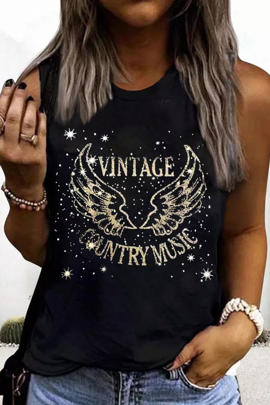 Black Vintage Country Music Wing Glitter Print Tank Top