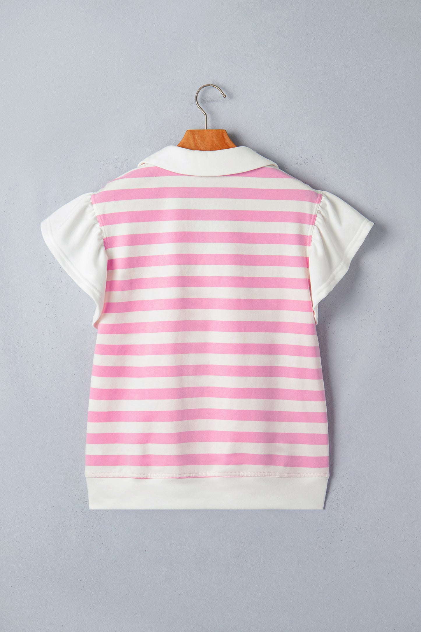 Pink striped collar V-neck blouse with ruffled short sleeves from Lavender Lane Clothing, stylish and feminine top.
