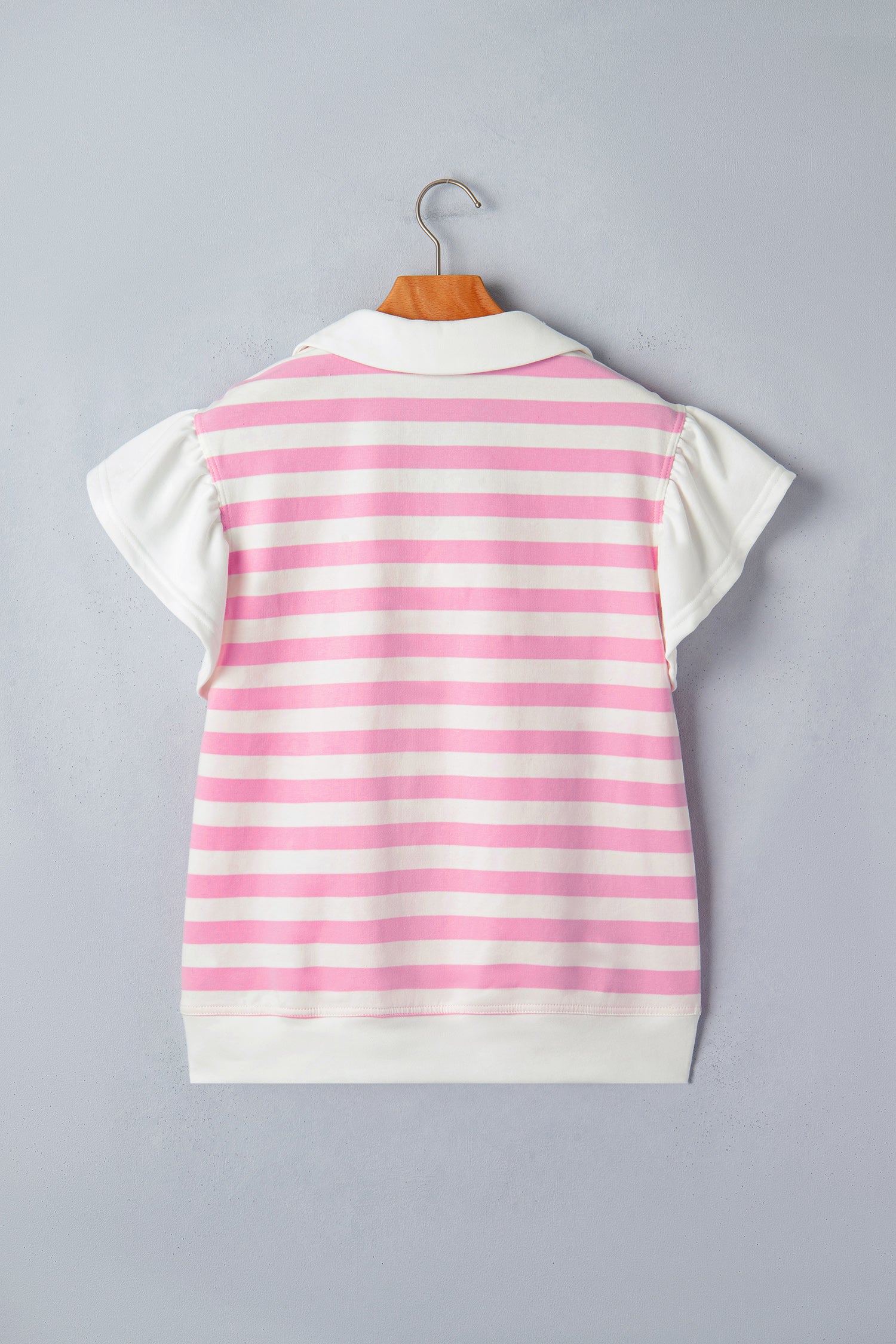 Pink striped collar V-neck blouse with ruffled short sleeves from Lavender Lane Clothing, stylish and feminine top.