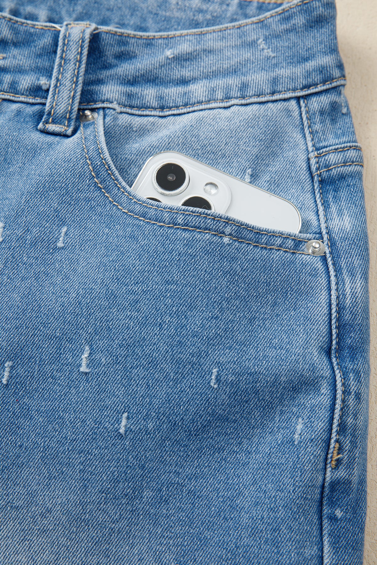 Mist Blue Distressed Detail Tummy Control Raw Hem Jeans