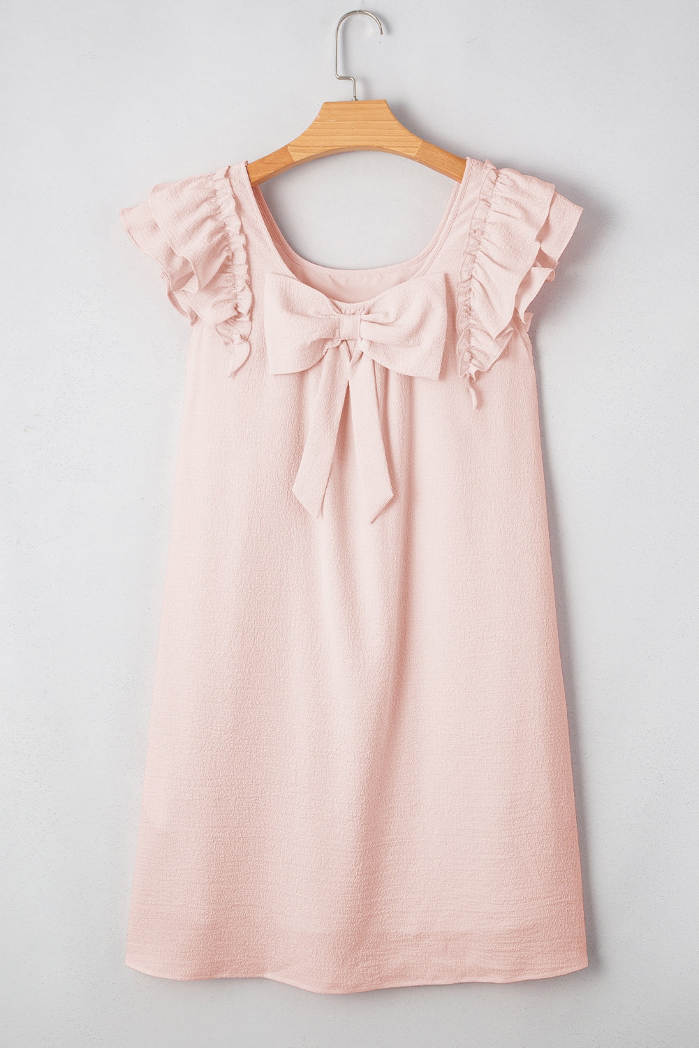 Light Pink Textured Flutter Sleeve Square Neck Bow Back Dress