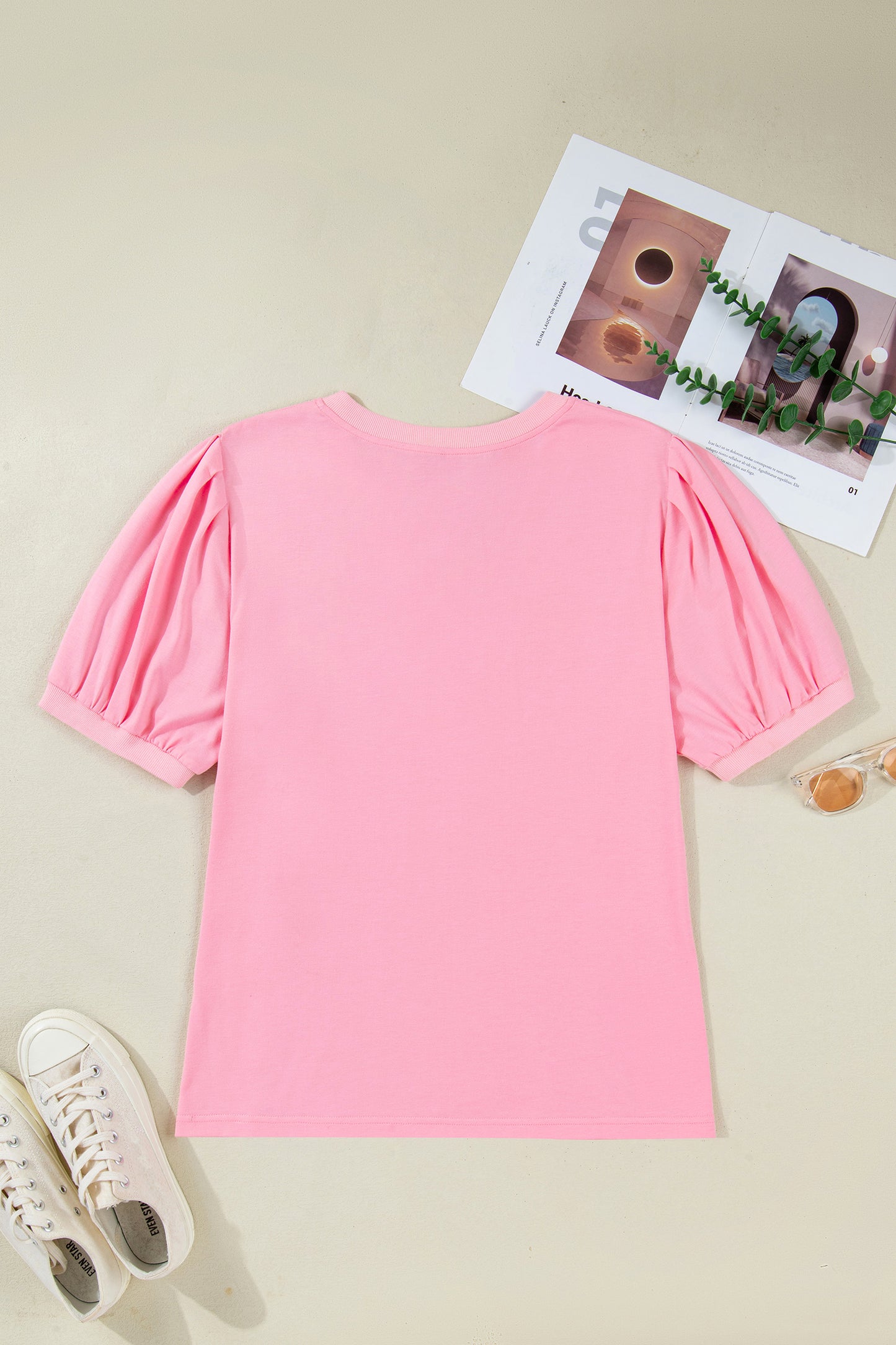 Lavendar Lane plus size blouse with V-neck, pleated front, short puff sleeves, and a relaxed fit, perfect for stylish plus size tops.