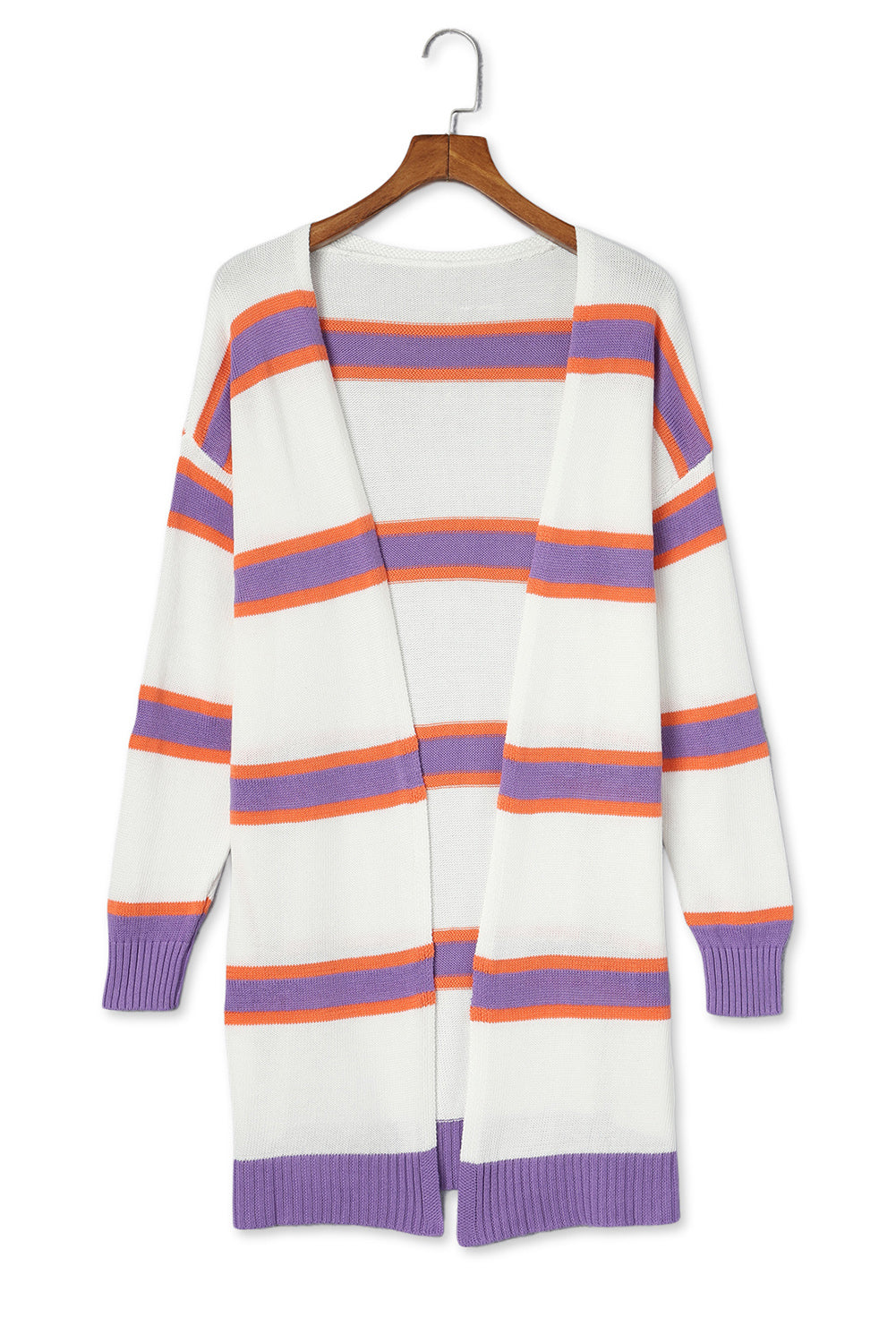 Beige Striped Long Sleeve Ribbed Trim Button Cardigan