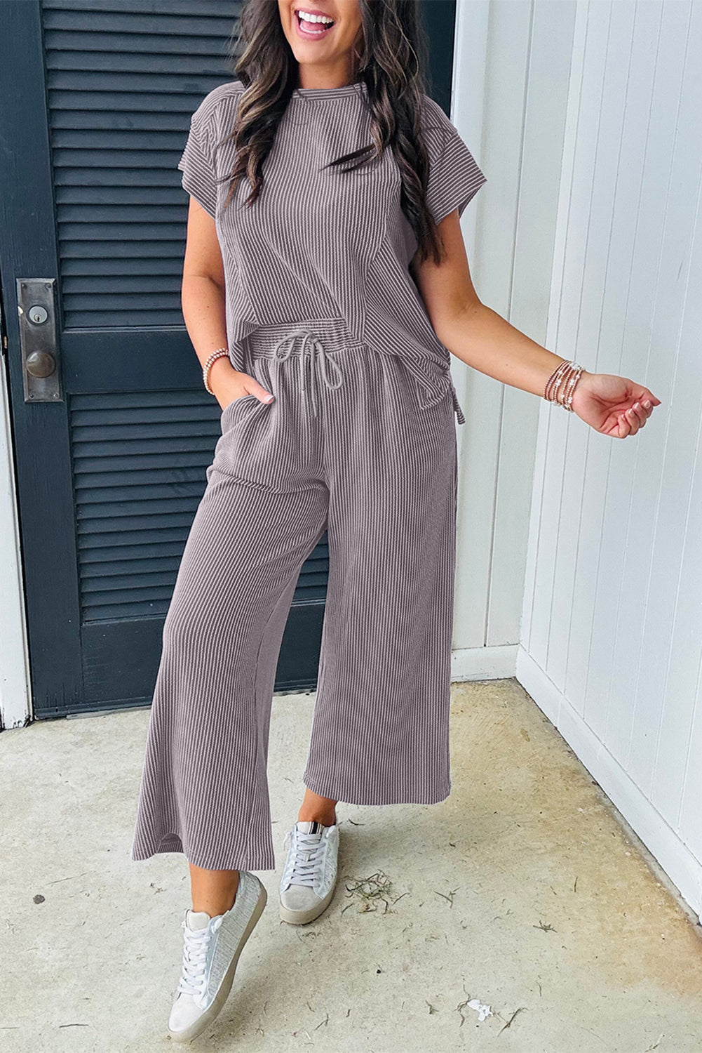 Wild Wind Solid Corded Knit Short Sleeve Top and Wide Leg Pants Set