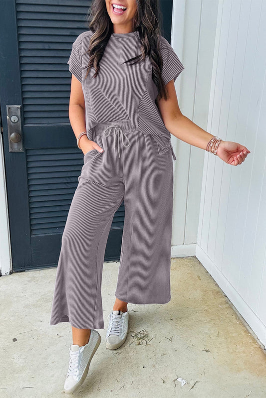 Wild Wind Solid Corded Knit Short Sleeve Top and Wide Leg Pants Set