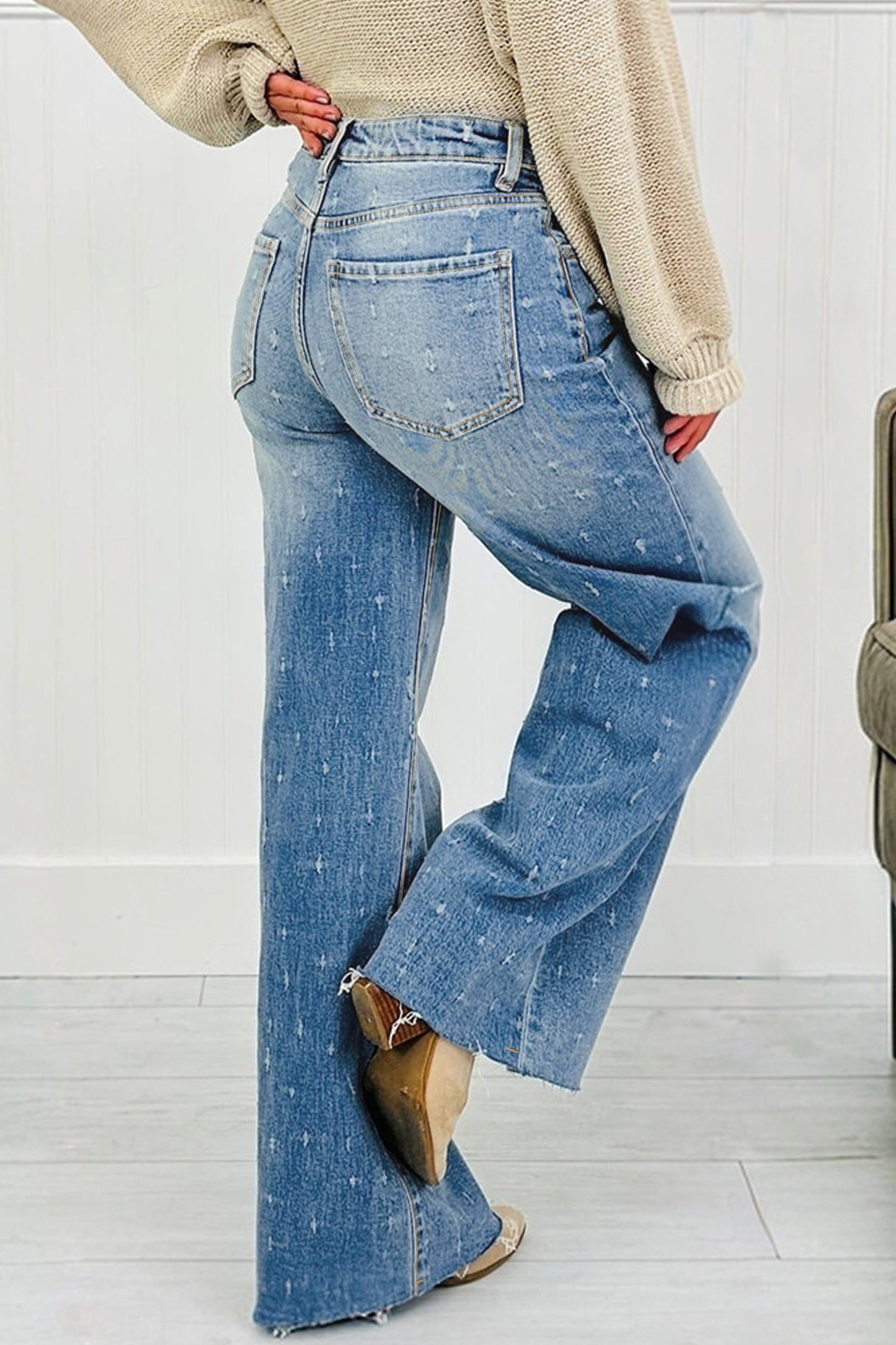 Mist Blue distressed detail tummy control raw hem jeans from Lavendar Lane Clothing, showing fit and distressed design.