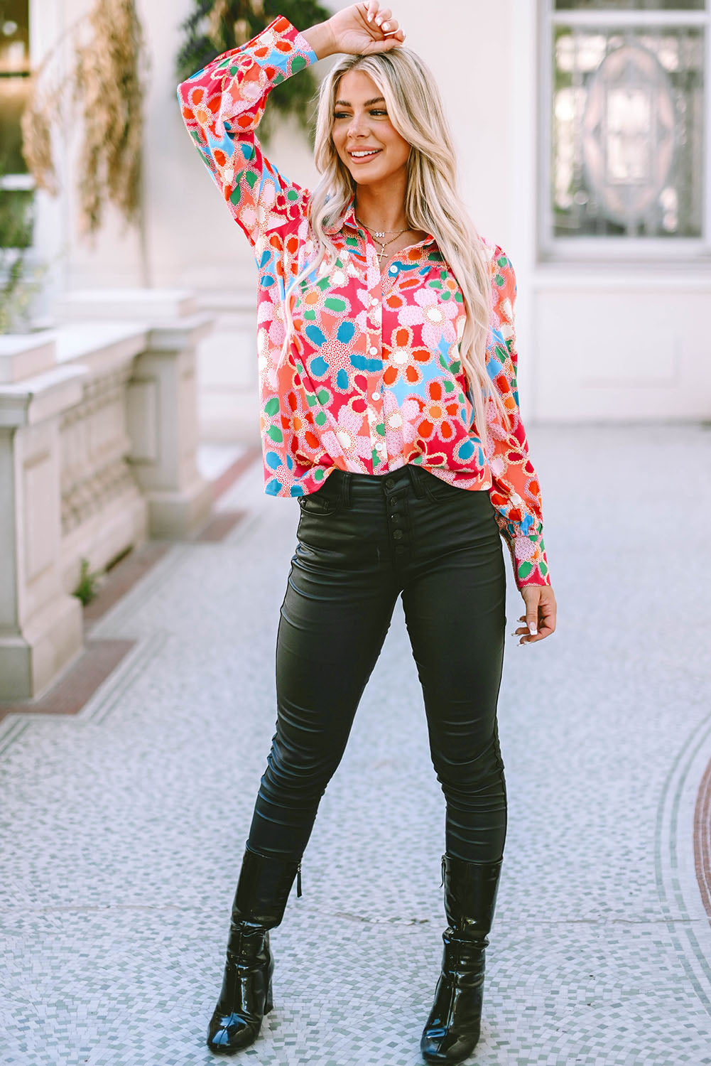 Multicolor Floral Print Bubble Sleeve Shirt