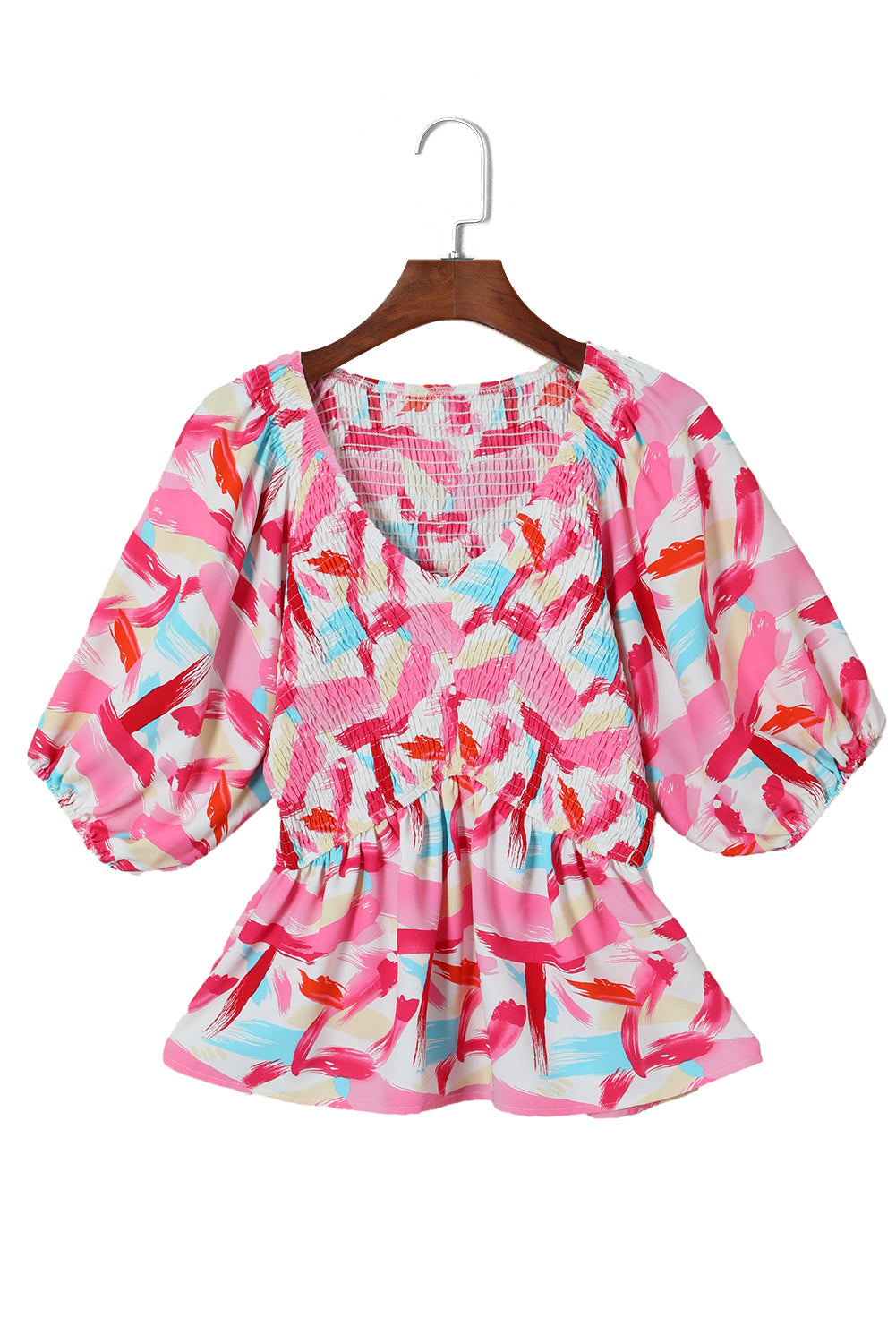 Pink Abstract Print Puff Sleeve Peplum Top