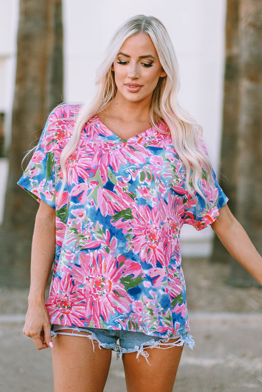 Pink Floral Print Loose Fit V Neck Top