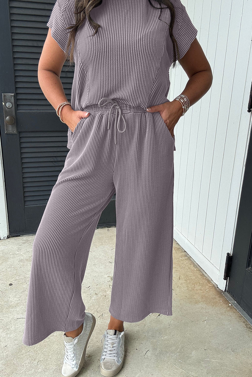 Wild Wind Solid Corded Knit Short Sleeve Top and Wide Leg Pants Set