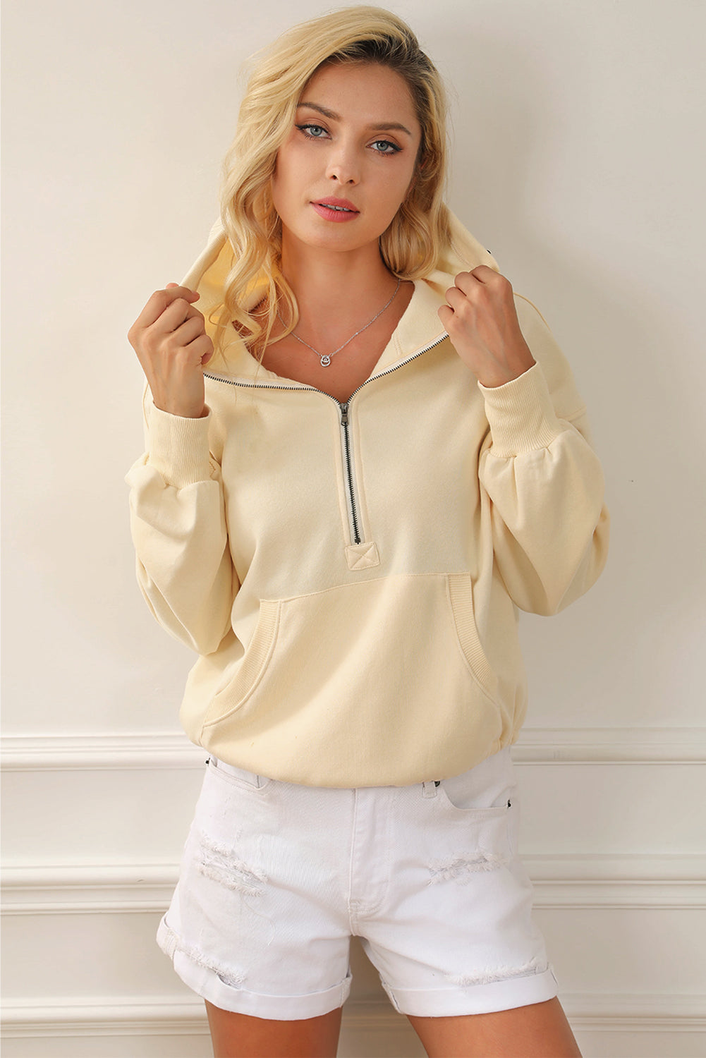 Beige Ribbed Trim Kangaroo Pocket Zipped Hoodie