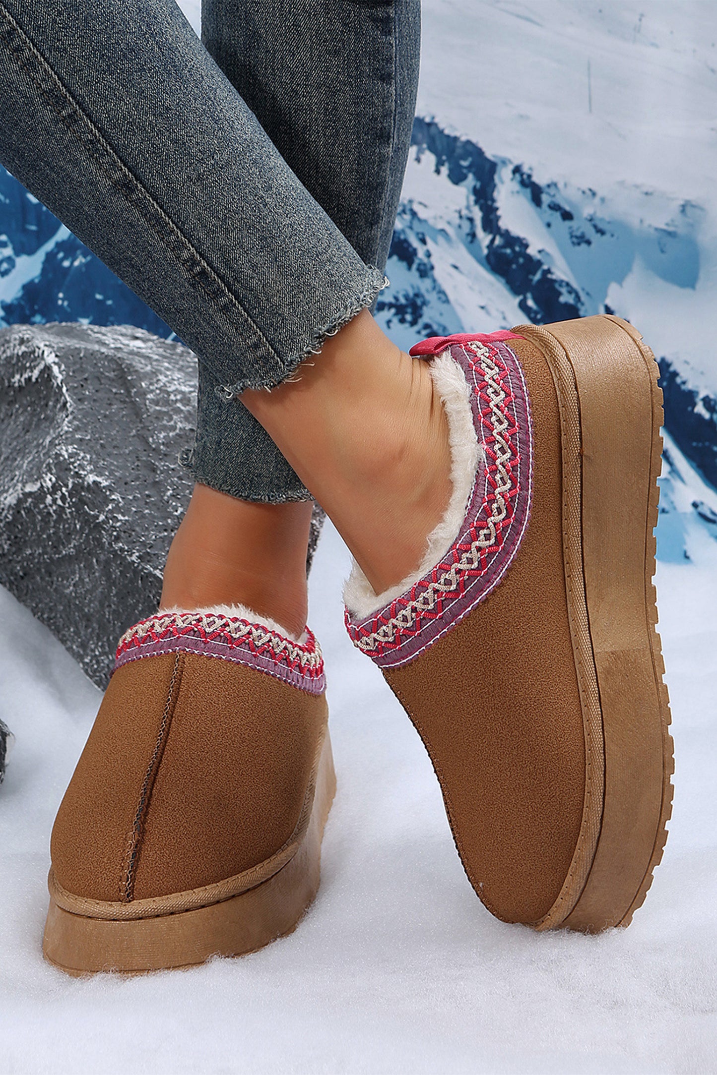Chestnut Suede Contrast Print Plush Lined Snow Boots