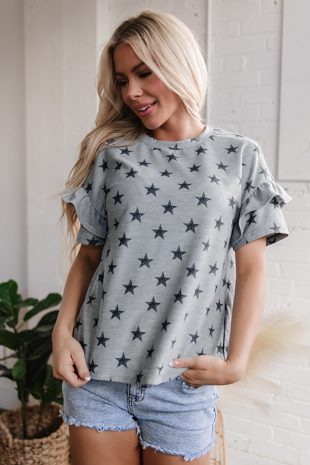 Gray Star Print Tiered Ruffled Sleeve Crew Neck Top