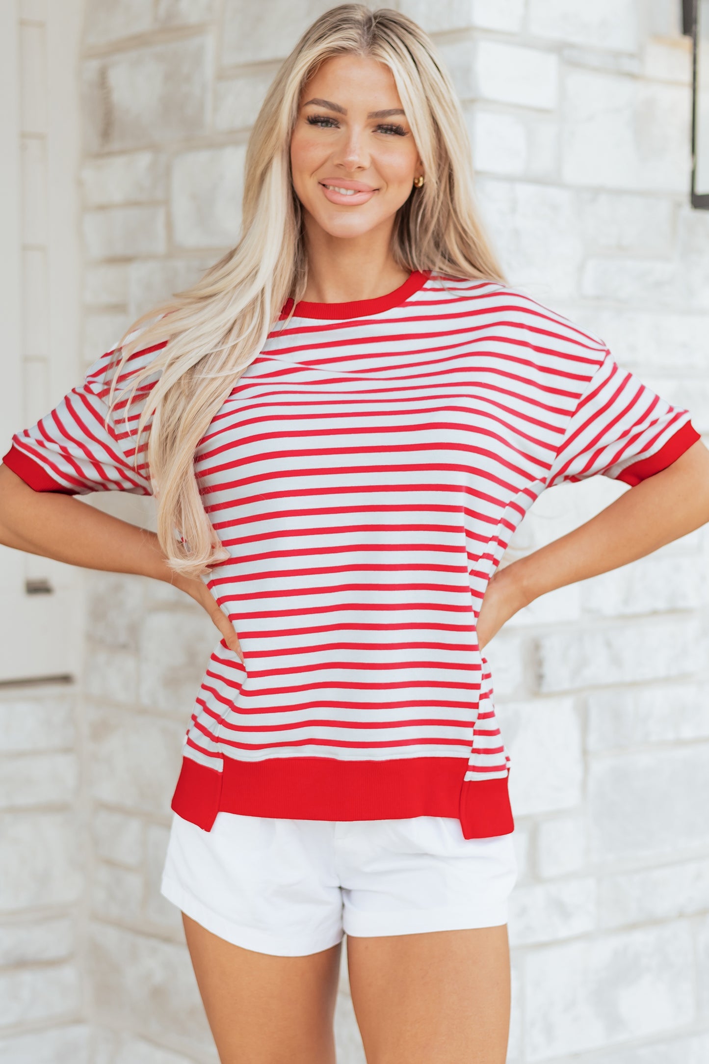 Red Stripe Drop Shoulder Half Sleeve Top